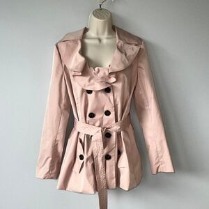 Sandro Studio Pink Ruffle/Button/Tie Front Trench Coat Size L